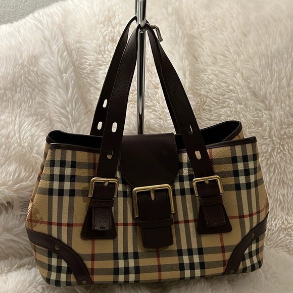 Authentic Burberry Haymarket Check Canvas Buckle Handbag Brown - Picture 1 of 17